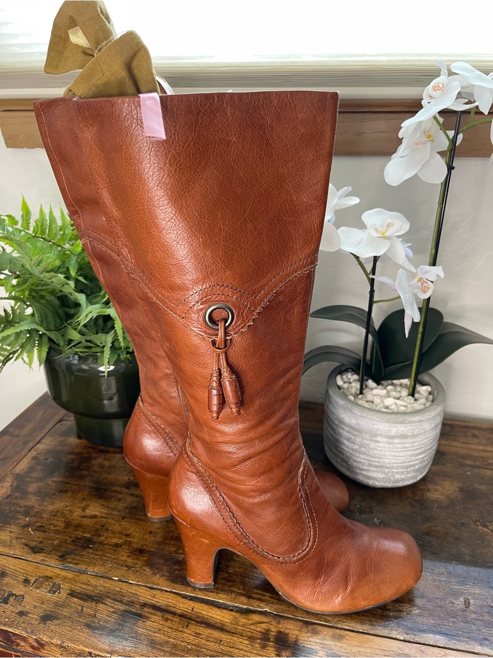 😍 Vintage Biviel Women's Brown Leather knee-high tasseled Heeled Boots 41, US 10
